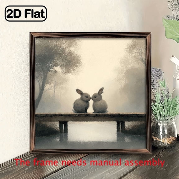 2D Flat, 1pc Vintage-Inspired Bunny Bridge Art Print, Frame Wall Decor for Living Room, DecorativeSign, Plaque, 8x8 inch, Christmas, New year, Birthday Gift.