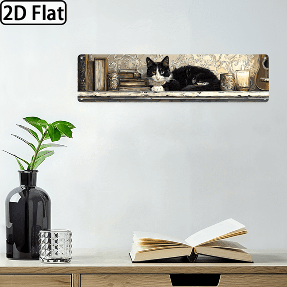 2D Flat 1pc Vintage, Inspired Cat Lover Kitchen Art Metal Sign, 4x16 inch, Design with Black White Cat Illustration, Golden Accents, and Ornate Border, Ideal for Creative Home Decor, Cat Decor, P
