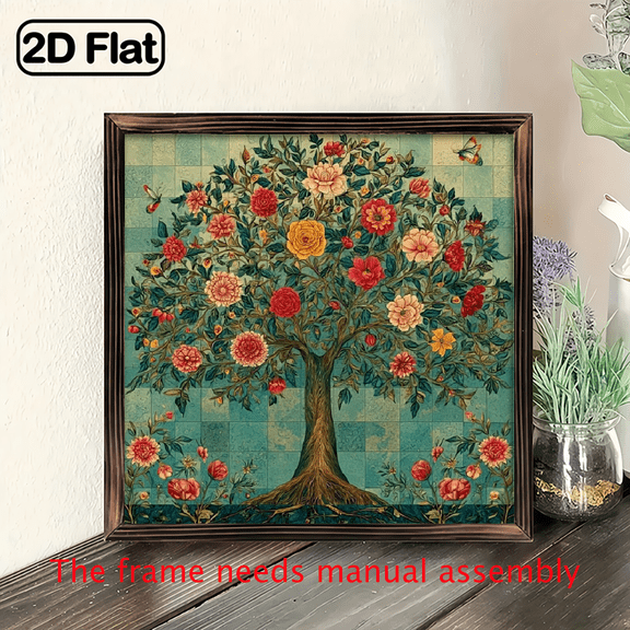 2D Flat, 1pc Vintage Islamic Persian Tree of Life Framed Wall Art - 8x8 Inch Recycled Wood Wall Decor with Vibrant Floral Leaf Patterns, Ornate Arch Design in Green, Orange, Red, Golden - Easy to