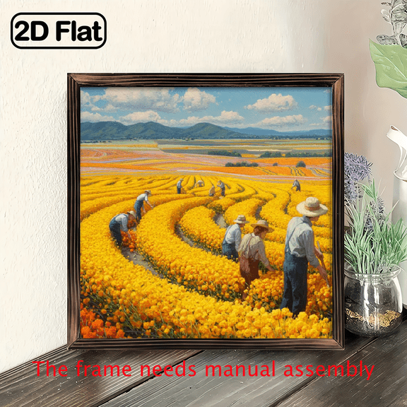 2D Flat, 1pc Vintage Japanese-Inspired Woodblock Print Wall Art - Sunflower Tulip Field Landscape with Farmers Working in Bloom, Vibrant Yellow Orange Retro Farm Scene, Wooden Panel for Home8*8in