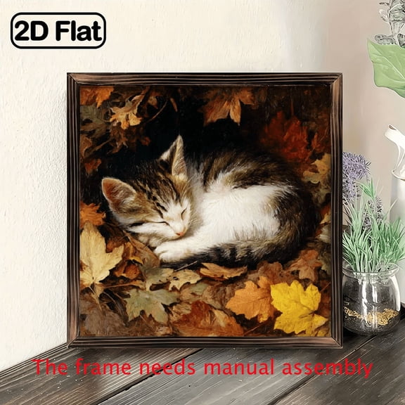 2D Flat, 1pc Vintage Kitten Sleeping in Autumn Leaves Wood Framed Sign - 8x8 Inch Rustic Wall Decor for Home, Bedroom, Living Room, or Desktop - Cozy Fall-Themed Art with Warm Orange Brown Tones