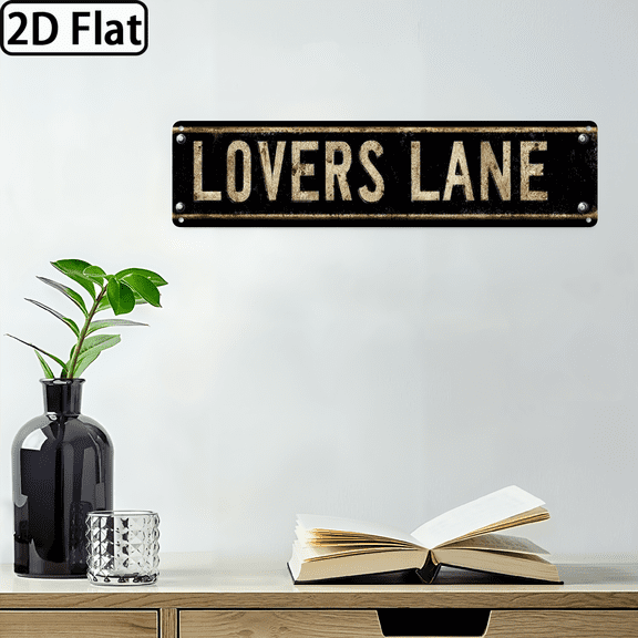 2D Flat, 1pc Vintage LOVERS LANE Metal Sign - Large 4x16 Inch Rustic Farmhouse Wall Decor with Aged Golden Lettering - Dark BrownBlack Background - Durable IndoorOutdoor Decoration for Home, Bar,