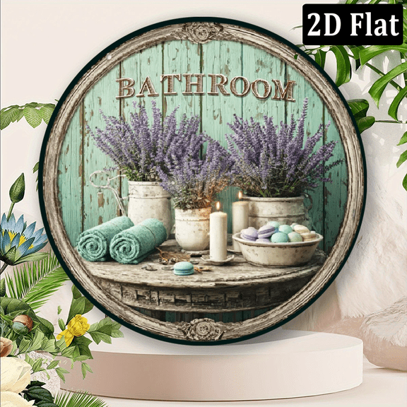 2D Flat, 1pc Vintage Lavender Bathroom Metal Sign - 8x8 Inch Rustic Wall Art with Floral Candle Design, No Electricity Needed for Home Bathroom, Spa Decor, Relaxing Atmosphere, 2D Flat
