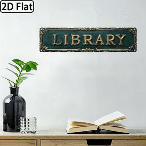 2D Flat, 1pc Vintage Library Wall Sign - Scrollwork Decor, 4x16 Inch Dark Green Golden Lettering, No Electricity Needed for Home Office Study Room Decor, Library Decor.