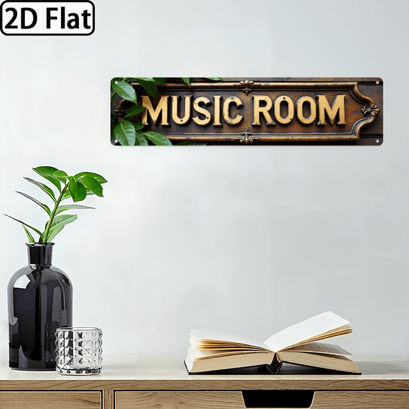 2D Flat, 1pc Vintage MUSIC ROOM Metal Wall Sign - 16x4 Rustic Aluminum Decor Plaque with Ornate Border, Easy-to-Install IndoorOutdoor Hanging for Home, Farmhouse, Cafe, Garage, Porch Bar - Durab
