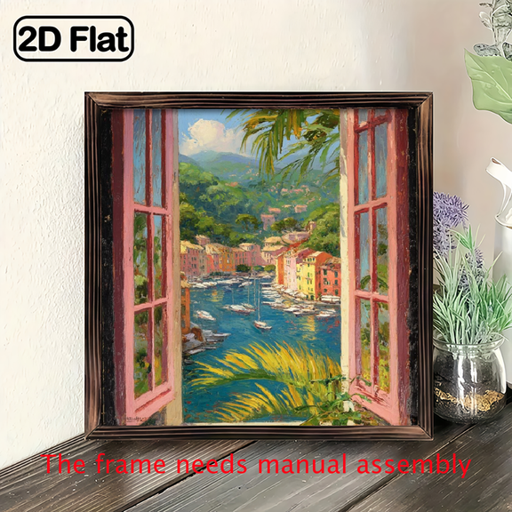 2D Flat - 1pc Vintage Mediterranean Harbor View Wall Art, 8x8 Inch, Classic Pink Window Scene with Wooden Frame, Romantic Summer Wall Decor for Living Room, Bedroom, Kitchen, Office - No Electrici