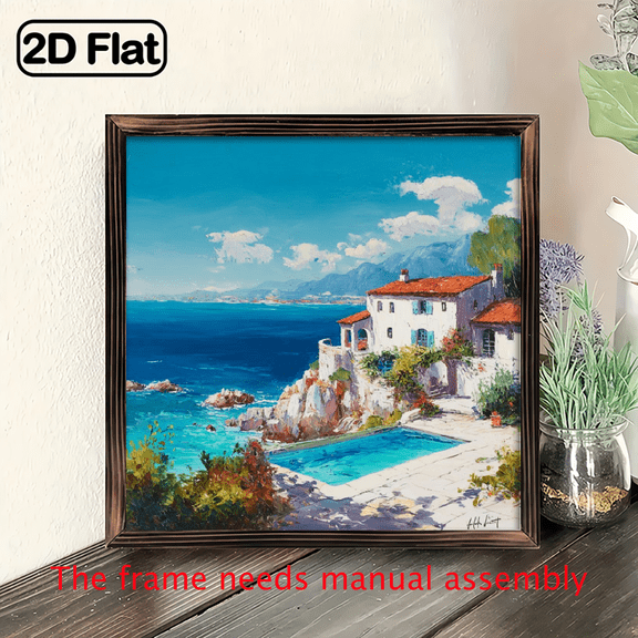 2D Flat - 1pc Vintage Mediterranean Villa Poolside Wall Art, 8x8 Inch - Classic Summer Beach Theme Decor with Wooden Frame, Ideal for Beach House, Patio, or Living Room, Coastal Home Deco