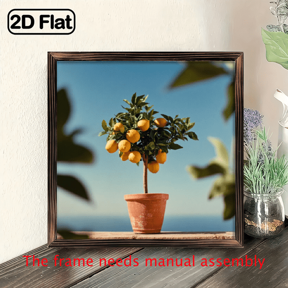 2D Flat, 1pc Vintage Miniature Orange Tree in Pot Wooden Frame Wall Decor - 8x8 Inch Summer Theme Minimalist Wall Hanging Art, High-Quality Recycled Wood for Balcony, Patio, Porch Living Room
