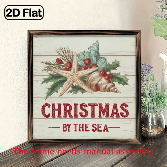 2D Flat, 1pc Vintage Nautical Christmas by the Sea Wooden Wall Sign - 8x8 Inch Coastal Wood Framed Hanging Plaque for Sea-Themed Holiday Decor, Winter Wall Art for home, for home, Christmas