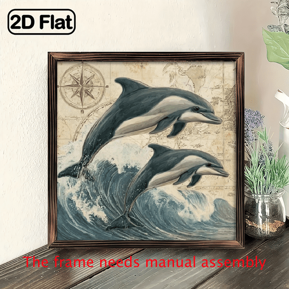 2D Flat, 1pc Vintage Nautical Dolphins Jumping Ocean Waves Wooden Framed Wall Art - 8x8 Inch Rustic Marine Chart Map Compass Rose Design with Leaping Dolphins, Wood Frame for Farmhouse, Coastal,