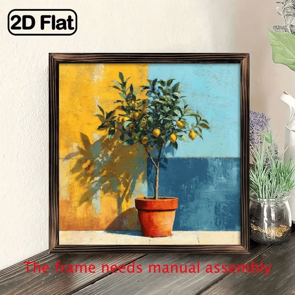 2D Flat, 1pc Vintage Olive Tree Framed Wall Art - Rustic Farmhouse Decor with Golden Brown Frame, Mediterranean Olive Branch Painting in Red Pot - Recycled Wood for Living Room, Kitchen, 8*8in