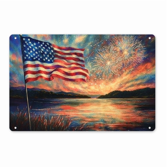 2D Flat, 1pc Vintage Patriotic Framed Metal Sign - American Flag with Fireworks & Riverside Landscape Wall Art, Memorial Day 4th of July Home Decor, No Electricity Needed, 8*12in