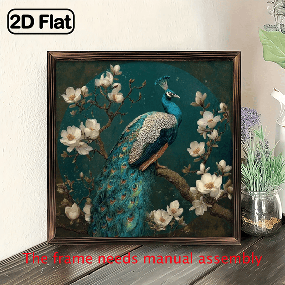2D Flat, 1pc Vintage Peacock Floral Wall Art - Dark Green Golden Wood Framed 2D Flat Panel, 8x8 Inch Rustic Farmhouse Decor, Frame with Turquoise Blue_Golden Peacock Feathers Blooming Branches