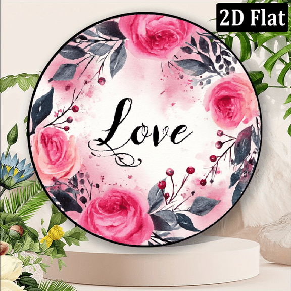 2D Flat, 1pc Vintage Pink Black Floral Love Heart Metal Wall Decor - 8x8 Inch Round Retro Valentine's Day Sign with Cursive Lettering.