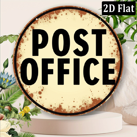 2D Flat 1pc Vintage Post OfficeMetal Sign, 8x8 Inch Round Wall Decor, Rustic Iron Plaque with Distressed Finish, IndoorOutdoor Use, Perfect for Front Door, Porch, Living Room, Bedroom