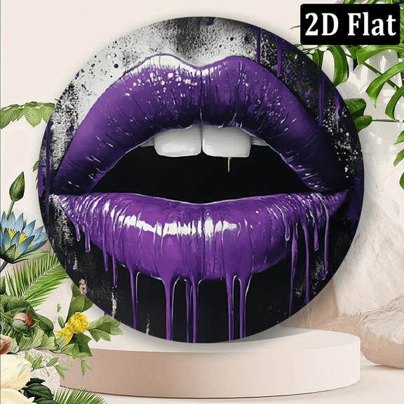 2D Flat 1pc Vintage Purple Lips Metal Sign with White Teeth 8x8 inch Aluminum Wall Art decor for Living Room, Cafe, or Deck Decor.