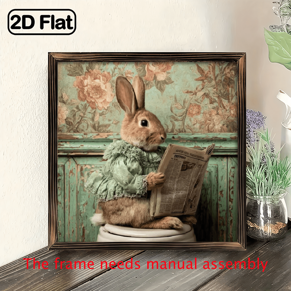 - 1pc Vintage Rabbit on Toilet Painting Decorative Plaque with Wooden ...