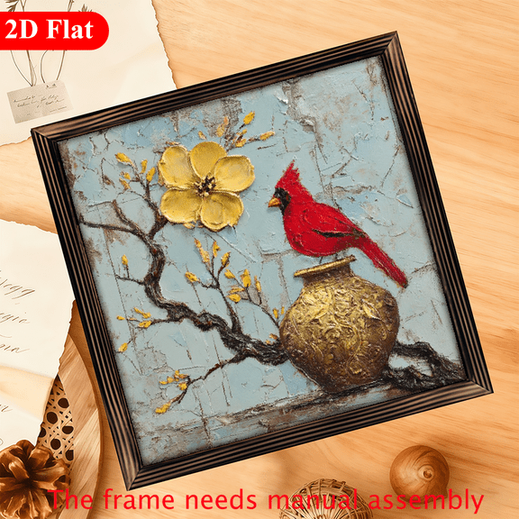 2D Flat, 1pc Vintage Red Cardinal Golden Accent Bird on Vase Wooden Framed Wall Art - Hand-Painted-Look Wood Sign for Home, Christmas, Entryway - DesktopTabletop or Wall-Mountable Decorative