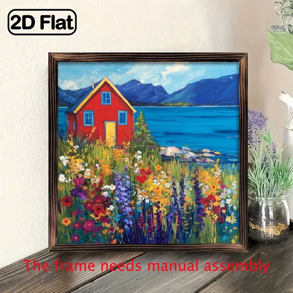 2D Flat, 1pc Vintage Red Cottage by the Lake Wall Art - 8x8 Inch Rustic Recycled Wood Frame, Vibrant Wildflowers Lake Scene, Farmhouse Decor for Bedroom, Living Room, Kitchen, Office - Easy Hang
