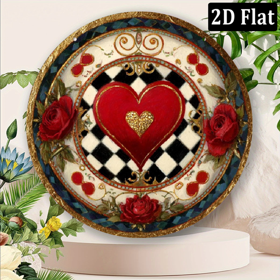 2D Flat, 1pc Vintage Romantic Metal Wall Decor Red Heart Floral Roses Plaque in Black/White Checkered Border Elegant Tabletop or Hanging Decoration for Valentine's Gifts, Home, Cafe, Retro Aesthet