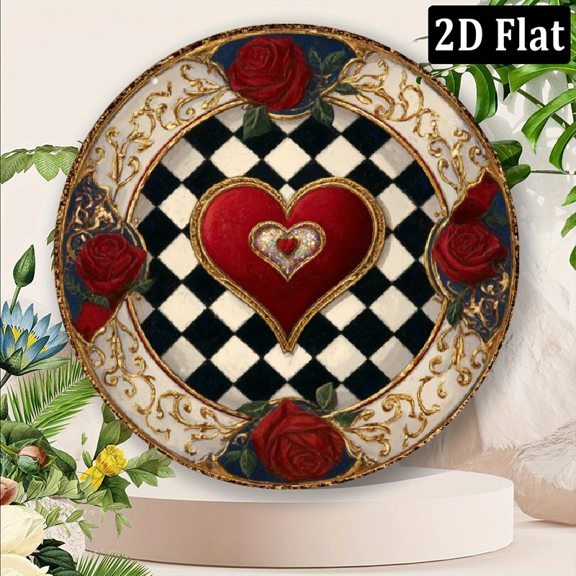 2D Flat, 1pc Vintage Romantic Metal Wall Decor Red Heart Floral Roses Plaque in Black/White Checkered Border Elegant Tabletop or Hanging Decoration for Valentine's Gifts, Home, Cafe, Retro Aesthet