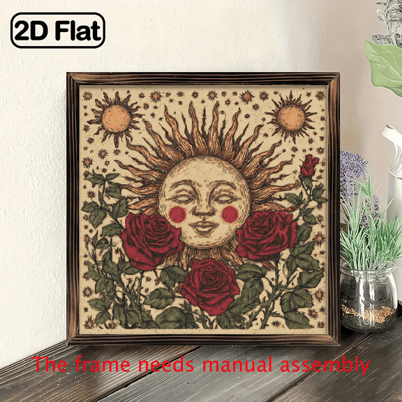 2D Flat, 1pc Vintage Rose Sun Face Framed Wood Wall Art 8x8 Inch Rustic Farmhouse Decor, Handcrafted Wooden Sign with Vibrant Floral Design, Inspirational Home Decor for Bedroom, Living Room.