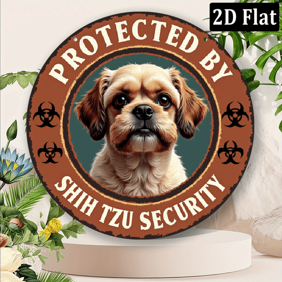 2D Flat 1pc Vintage Round Warning Sign, Humorous Shih Tzu Security Theme, 8x8 Inch, Durable Metal Wall Art for Home, Garden, Bedroom, Pet Shop, Cafe, Training Center, Grooming Salon
