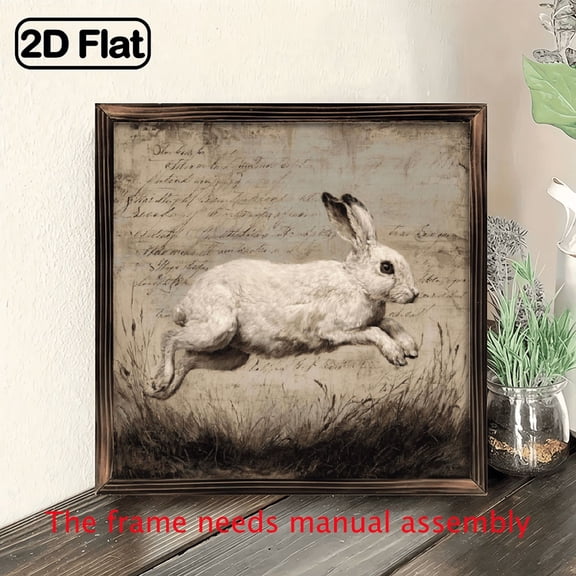 2D Flat, 1pc Vintage Running Rabbit Sketch Art, 8 Inch Rustic Farmhouse Wood Framed Sign, Easter Bunny Decor for Bedroom, Office Holiday Gifts, Handcrafted Wooden Art with No Electricity Need