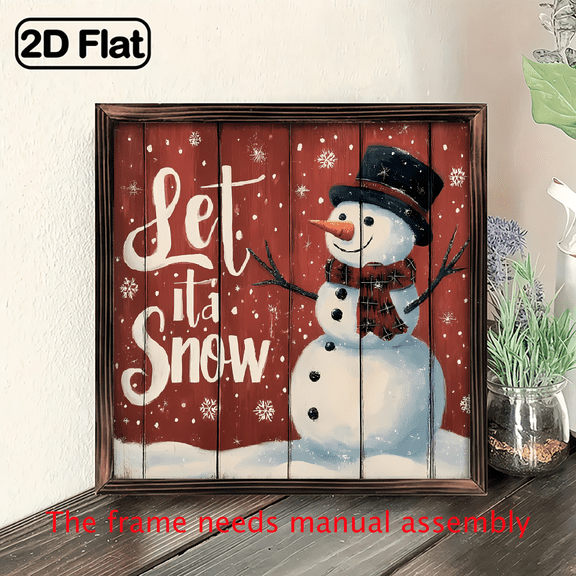 2D Flat, 1pc Vintage Rustic Farmhouse Let It Snow Wooden Wall Decor Sign - 8x8 Inch Red White Snowman with Cursive Lettering, Wood Framed Christmas Decoration for Indoor, Easy Mounting Hardware In