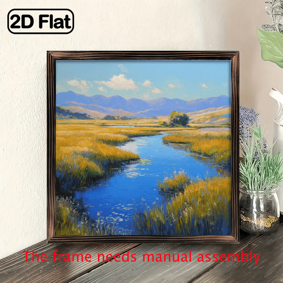 2D Flat, 1pc Vintage Rustic Farmhouse Mountain River Landscape Wall Art - Wood Framed Print, 8x8 Inch Golden Nature Scene with Turquoise Waters Green Hills - Easy Mounting Hardware Included