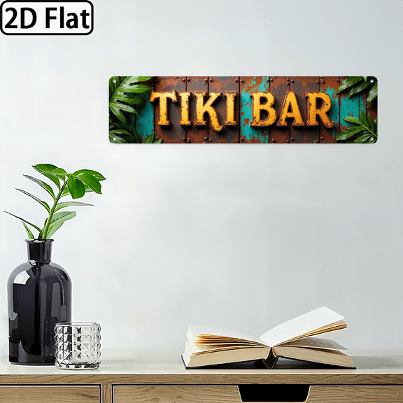 2D Flat, 1pc Vintage Rustic TIKI BAR Metal Wall Sign - 16x4 Inch Aluminum Distressed Teal Golden Lettering - Durable IndoorOutdoor Decor for Kitchen, Bar, Restaurant - Easy DoorWall Mount, No Wi