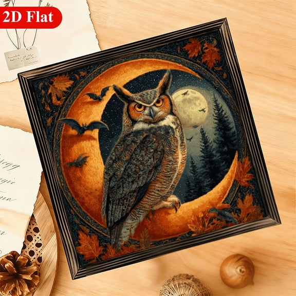 2D Flat, 1pc Vintage Rustic Wall Hanging Sign - 12x12 Inch Full Moon Stars Bats Night Sky Decor with Owl Cutout - Spooky Farmhouse Decoration for, Roo