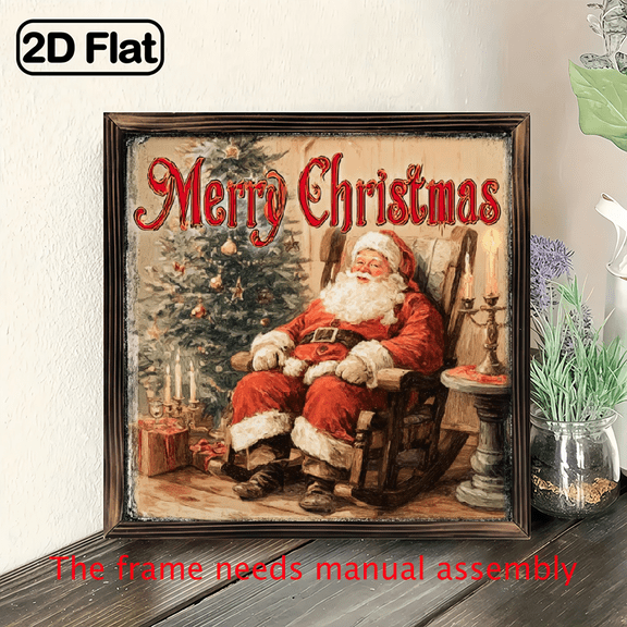 2D Flat, 1pc Vintage Rustic Wood Framed Christmas Sign with Santa Claus Merry Christmas Text - 8x8 Inch Reclaimed Wood Wall Decor, Desktop_Tabletop Holiday Plaque for Mantel, Entryway, Doors
