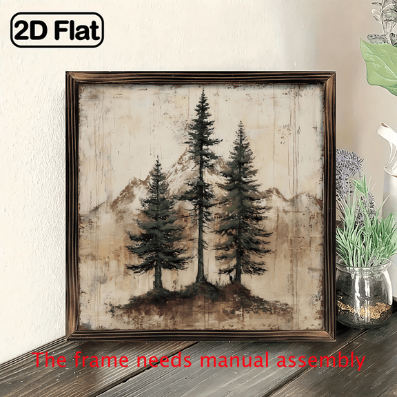2D Flat, 1pc Vintage Rustic Wooden Framed Wall Art - 8x8 Inch Pine Tree Landscape Painting, Muted Green Brown Nature Scene, Multi-Purpose Home Decor for Living Room.