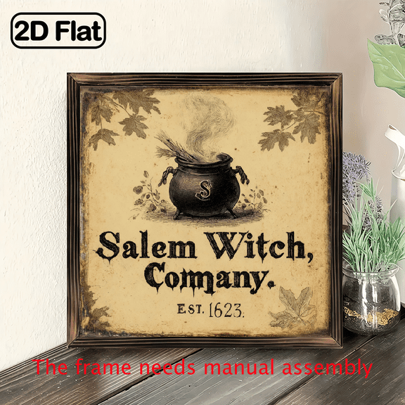 2D Flat, 1pc, Vintage Salem Witch Company Wooden Wall Art - 8x8 Inch Rustic Halloween Decor with Witch Hat Cauldron Design, Farmhouse Style Wall Hanging for Home, Living Room, Kitchen, Entryway