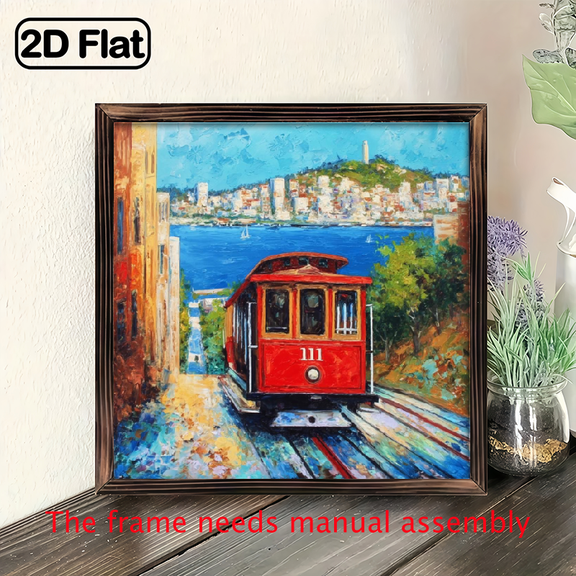 2D Flat, 1pc Vintage San Francisco Cable Car Painting Wall Art - 8x8 Inch Recycled Wood Frame, Vibrant Colors, No Electricity Needed, Easy Wall-Mounted Decor for Living Room, Bedroom, Kitchen