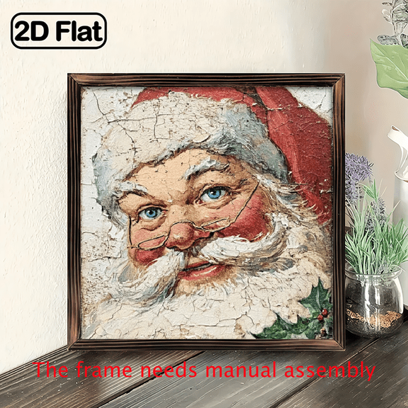 2D Flat, 1pc Vintage Santa Claus Christmas Tree Wood Framed Wall Art Sign - Rustic Farmhouse 8_x8_ Horizontal Wood Picture with Santa Face, Holly Berry Wreath Frame for Outdoor Xmas Tree