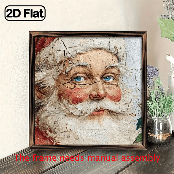 2D Flat, 1pc Vintage Santa Claus Christmas Tree Wood Framed Wall Art Sign - Rustic Farmhouse 8x8 Horizontal Wood Picture with Santa Face, Holly Berry Wreath Frame for Outdoor Xmas Tree, Mantel,