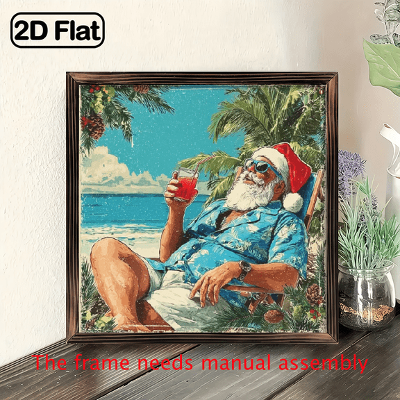 2D Flat, 1pc Vintage Santa Claus Relaxing on Beach, Funny Wood Framed Sign - Tropical Christmas Wall Art, 8x8 Inch, Rustic Style, Ideal for Home Living Room Decor, Perfect Housewarming Gift