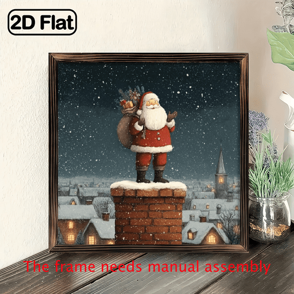 2D Flat, 1pc Vintage Santa Claus on Snowy Chimney Wooden Framed Sign - Wood Wall-Mountable 8x8 Inch Christmas Winter Decoration with 2D Flat Print, Chimney Top Sleigh Scene for Mantel, Entryway