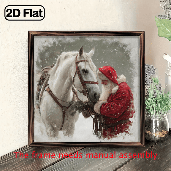 2D Flat, 1pc Vintage Santa Claus White Horse Wall Art - Wood Framed 8x8 Inch Rustic Christmas Sign, Snowy Saint Nick Horse Picture for Home, Mantel, Door - Holiday Gift (Easy Hang)