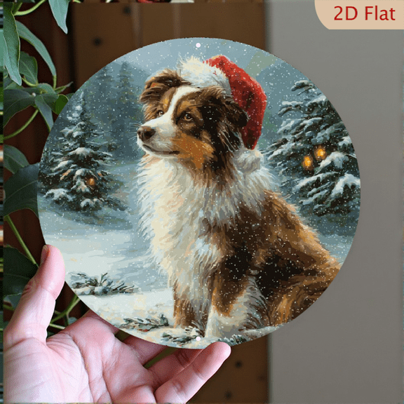2D Flat, 1pc Vintage Shetland Sheepdog in Santa Hat aluminium Wall Decor - Large 8x8 Inch OutdoorIndoor Christmas Decoration, Durable Aluminum Plaque for Garden, Home, or Pet Lover Gift - Shelt