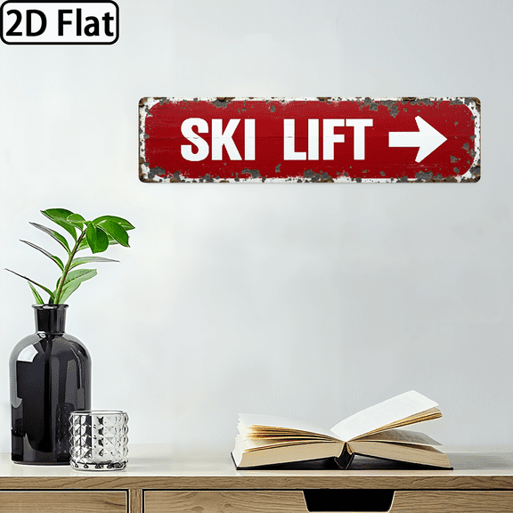 2D Flat, 1pc Vintage Ski Lift Directional Arrow Metal Sign - Rustic Iron Winter Ski Lodge Wall Art Suitable for Living Room, Entryway, Christmas Decoration - 2D Flat Ski Resort Plaque 4x16 Inch,