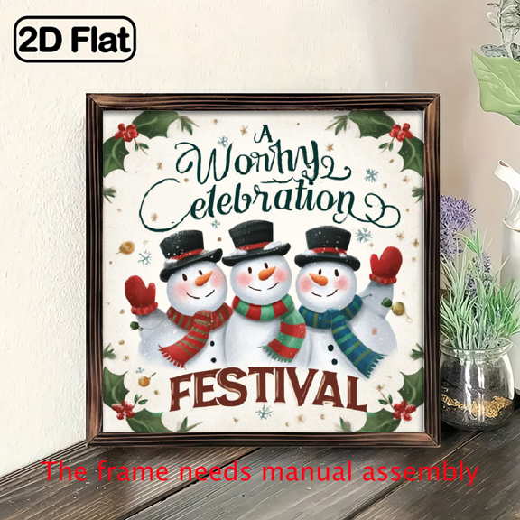 2D Flat, 1pc Vintage Snowmen Christmas Wall Hanging - 8x8 Inch Wooden Framed Sign with A Worthy Celebration Festival Text, Festive Winter Holiday Decor for Entryway, Home Office, Christmas Decorat