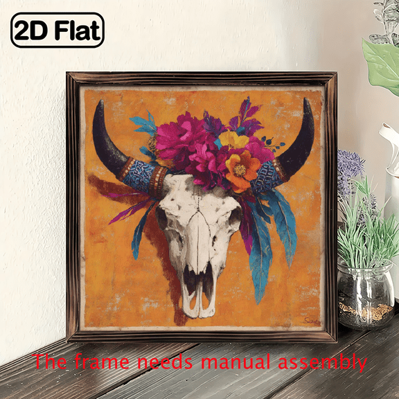 2D Flat, 1pc Vintage Southwestern Bull Skull Wall Art - 8x8 Inch Colorful Wooden Framed Decor with Turquoise, Pink, Orange, Purple, Yellow, Red, Green, Brown - Rustic Desert Home Deco for Living room