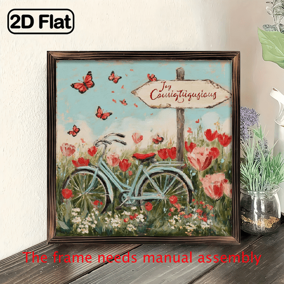 2D Flat, 1pc Vintage Spring Tulips with Bicycles Butterflies Oil Painting 8x8 Inch Wooden Frame Wall Art, Lightweight Portable, Classic Home Decor for Living Room, Bedroom, Office, Bedroom Artwork