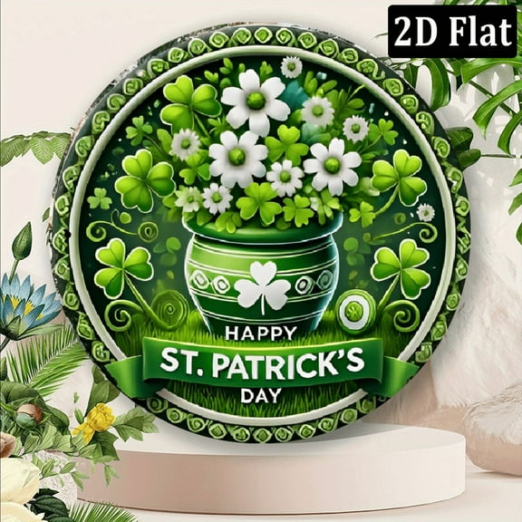 2D Flat, 1pc Vintage St Patrick's Day Clover Wreath Wall Decor 8*8 Inch Round Aluminum Metal Sign with Shamrock & Greenery Design, 2D Printed Retro Holiday Decoration for Home, Garden, Bar, Cafe