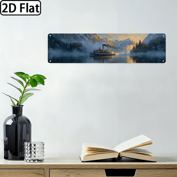 2D Flat, 1pc Vintage Steamboat Lakeside Mountains Wall Decor - Heavy-Duty Metal Sign, Rustic Nautical Cabin Decoration for Lake House, Living Room, Office - Easy Hang Pre-Drilled Holes - Perfect