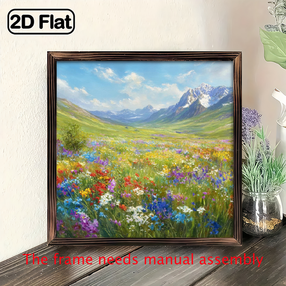 2D Flat - 1pc Vintage Style Dreamy Wildflower Meadow Mountain Landscape Wall Art, 8x8 Inch Wooden Frame Sign, Composite Wood, Multipurpose Decor for Living Room, Bedroom, Office, Gallery - No Elec