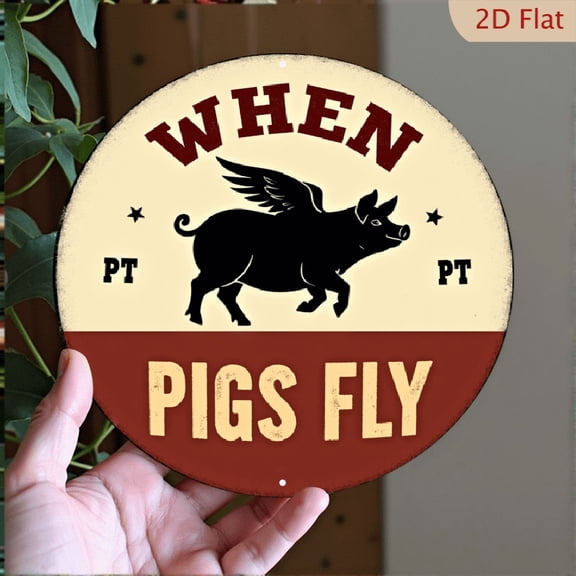 2D Flat, 1pc Vintage-Style Flying Pig Wall Art - Rustic Iron Decor for Home, Porch, and Windows Ideal Holiday Gift with Distressed Yellow Background Black Silhouette Design, Farmhouse Wall Decor